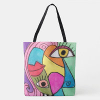 Colorful Abstract Cubism Big Eyes Bold Lips Bright Tote Bag