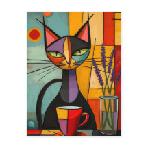 Colorful Abstract Cubist Cat & Coffee