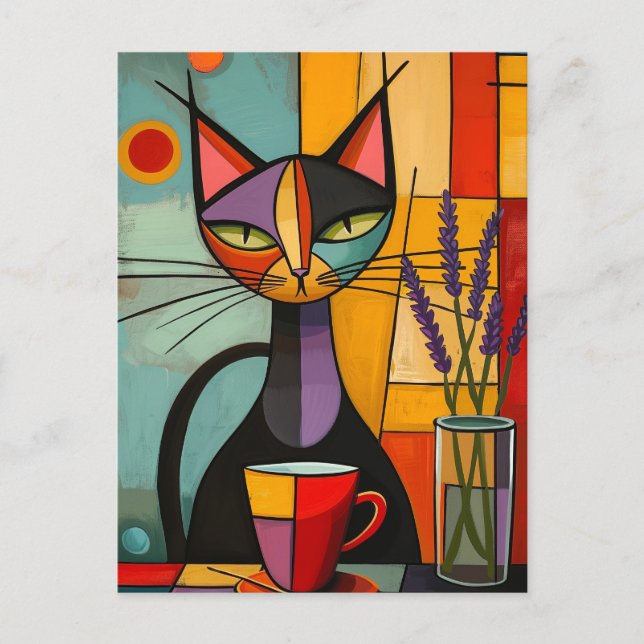 Colorful Abstract Cubist Cat & Coffee Postcard (Front)
