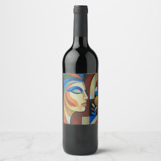 Colorful Abstract Cubist Woman Portrait Custom Win Wine Label