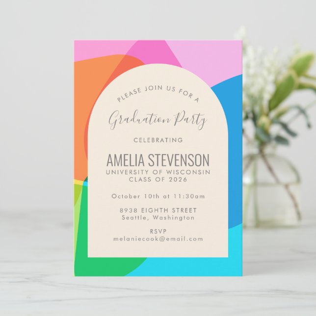 Colorful Abstract Cute Fun Photo Graduation Party Invitation (Standing Front)