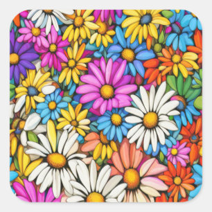 Colorful Abstract Daisies #444 -     Square Sticker