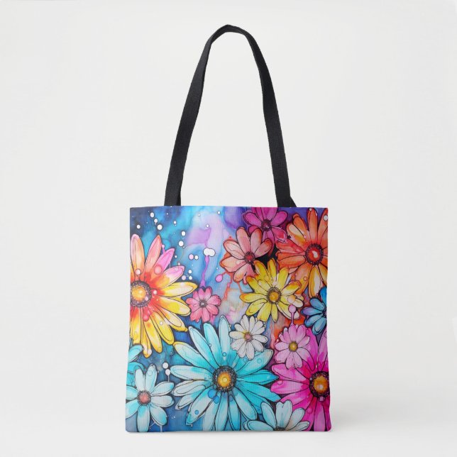 Colorful Abstract Daisy Flowers Print Tote Bag (Front)