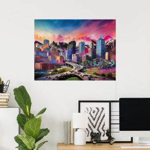 Colorful Abstract Denver Colorado Skyline Art Poster
