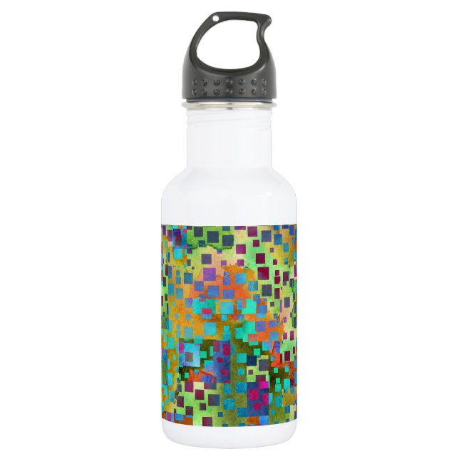 Colorful Abstract Digital Art with Squares Water Bottle (Front)
