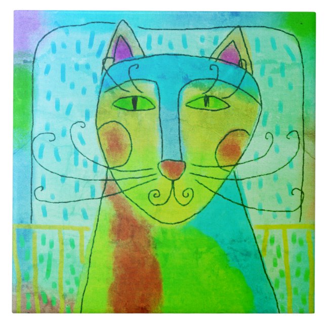Colorful Abstract Digital Cat Painting Ceramic Tile (Front)