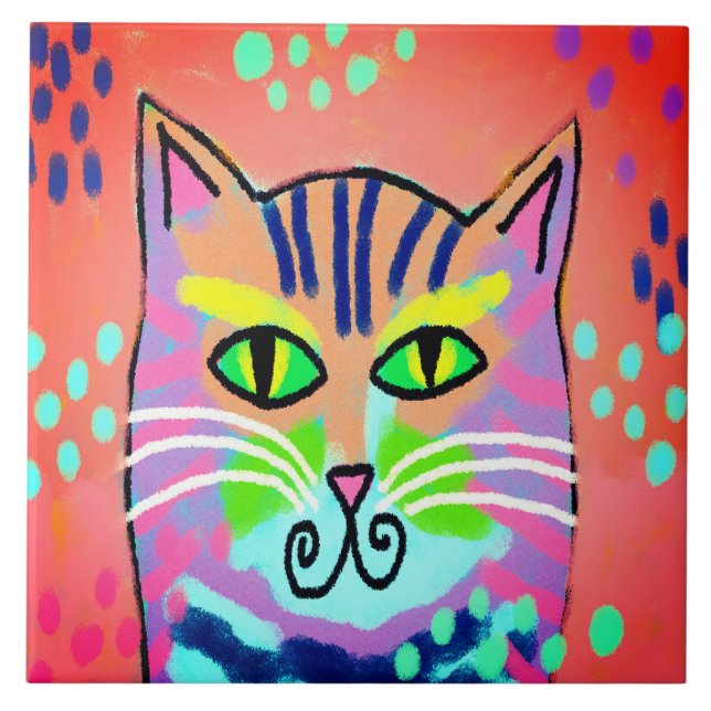 Colorful Abstract Digital Cat Painting Ceramic Tile (Front)