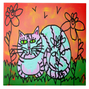 Colorful Abstract Digital Cat Painting Ceramic Tile
