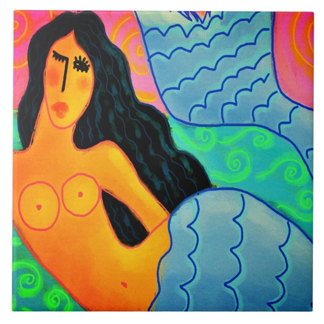 Colorful Abstract Digital Mermaid Painting Ceramic Tile (Front)