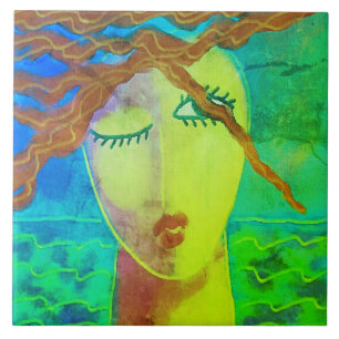 Colorful Abstract Digital Painting of a Woman Ceramic Tile