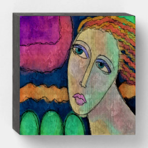 Colorful Abstract Digital Portrait of a Woman Wooden Box Sign