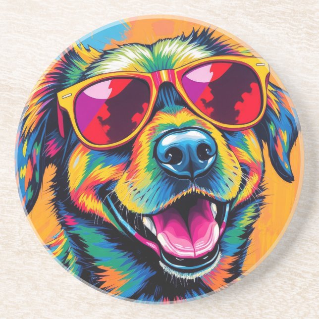Colorful Abstract Dog with Sunglasses Coaster (Front)