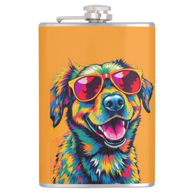 Colorful Abstract Dog with Sunglasses Flask (Front)