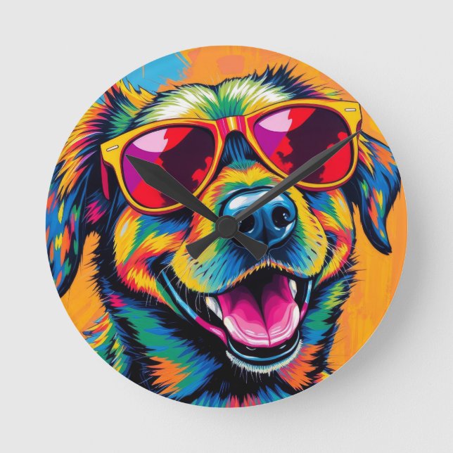 Colorful Abstract Dog with Sunglasses Round Clock (Front)