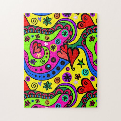 Colorful Abstract Doodle Art Hearts and Flowers Jigsaw Puzzle