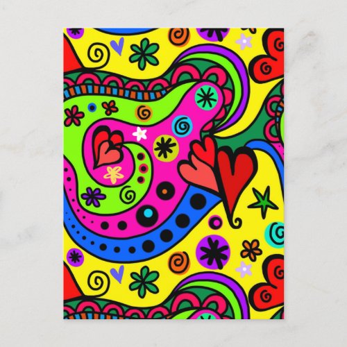 Colorful Abstract Doodle Art Hearts and Flowers  Postcard