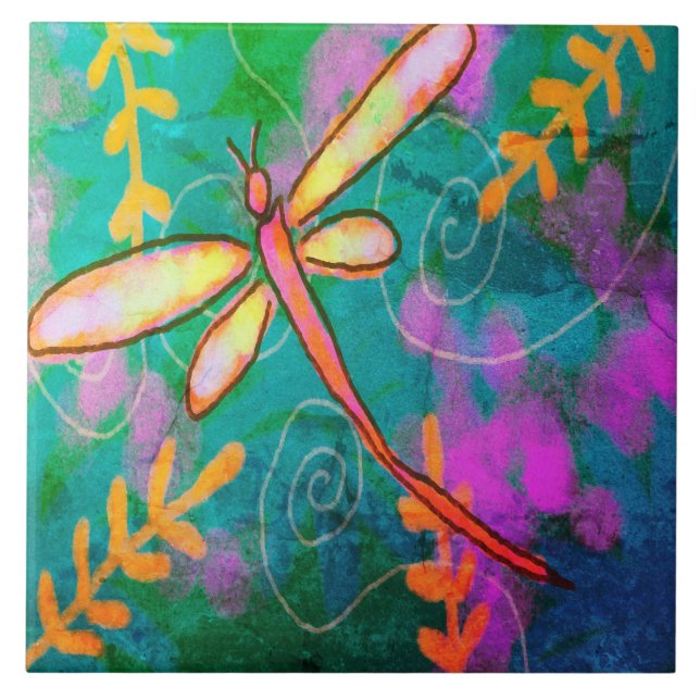 Colorful Abstract Dragonfly Painting Ceramic Tile (Front)