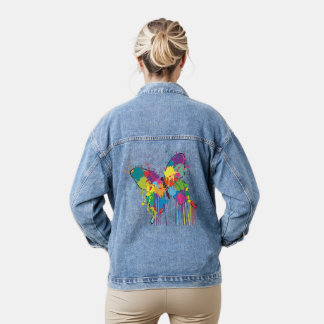 Colorful Abstract Drip-Paint Butterfly Denim Jacket