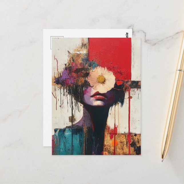 Colorful Abstract Face and Flowers Postcard (Front/Back In Situ)