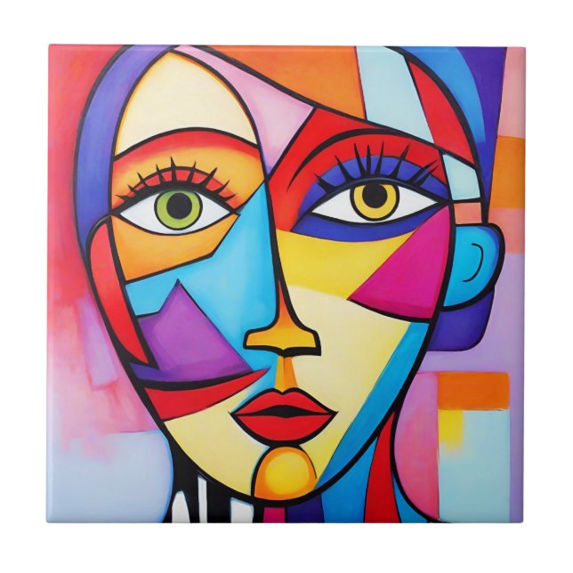 Colorful Abstract Face Cubism  Ceramic Tile (Front)