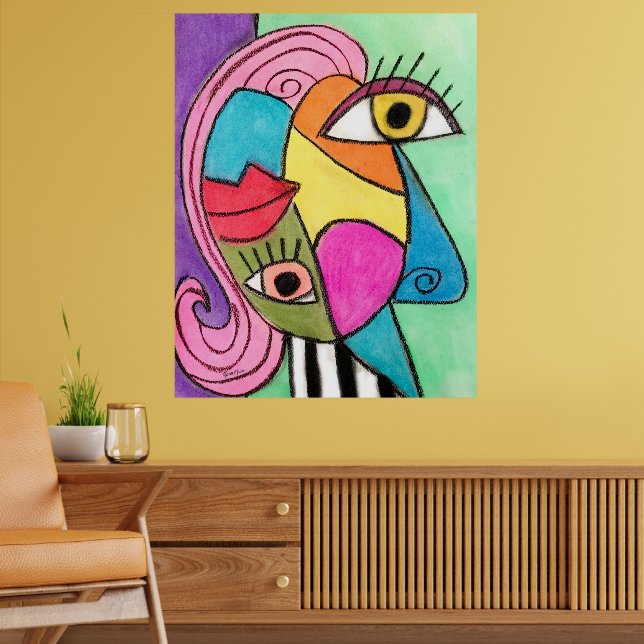 Colorful Abstract Face Cubism Red Purple Blue Cool Poster