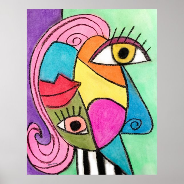 Colorful Abstract Face Cubism Red Purple Blue Cool Poster