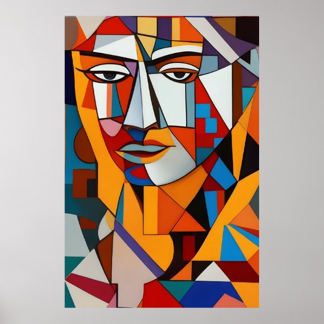Colorful Abstract Face Cubism Red Purple Blue Cool Poster