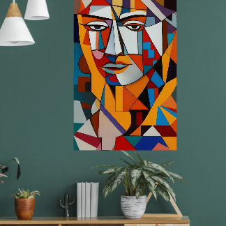 Colorful Abstract Face Cubism Red Purple Blue Cool Poster