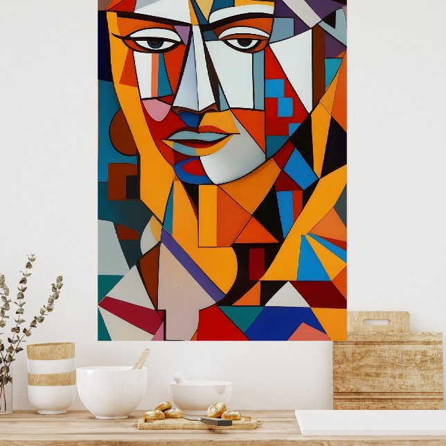 Colorful Abstract Face Cubism Red Purple Blue Cool Poster