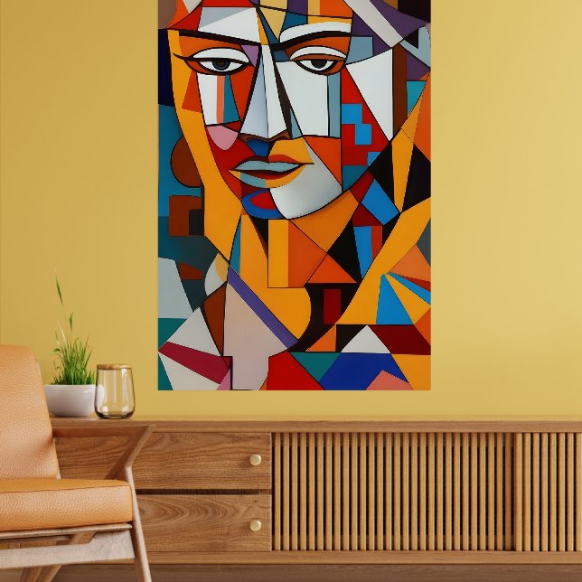 Colorful Abstract Face Cubism Red Purple Blue Cool Poster