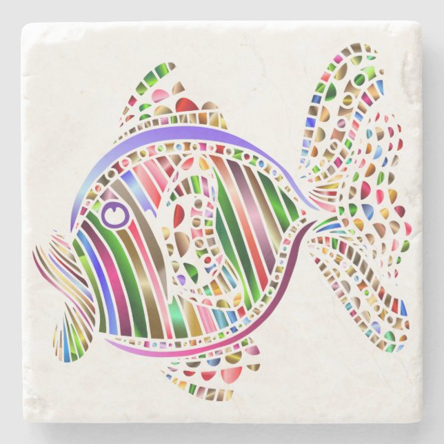 Colorful Abstract Fish Mosaic Art Stone Coaster (Front)