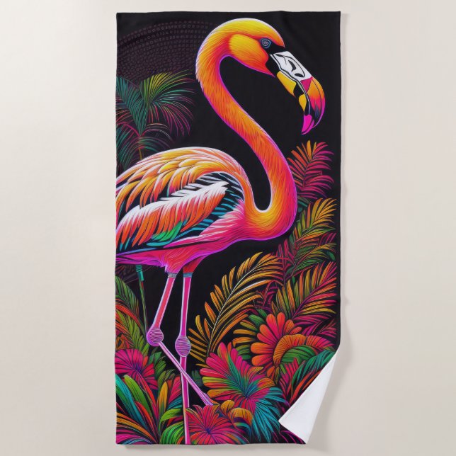 Colorful Abstract Flamingo Drawing Beach Towel (Front)