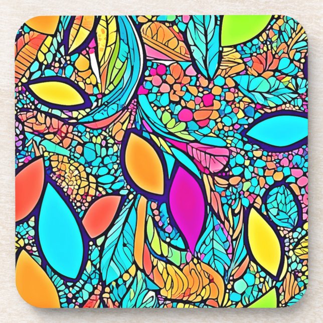 Colorful Abstract Floral Art Beverage Coaster (Front)