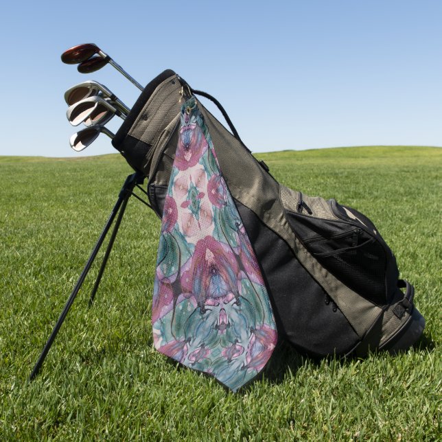 colorful abstract Floral painted pink, green   Golf Towel (Green)