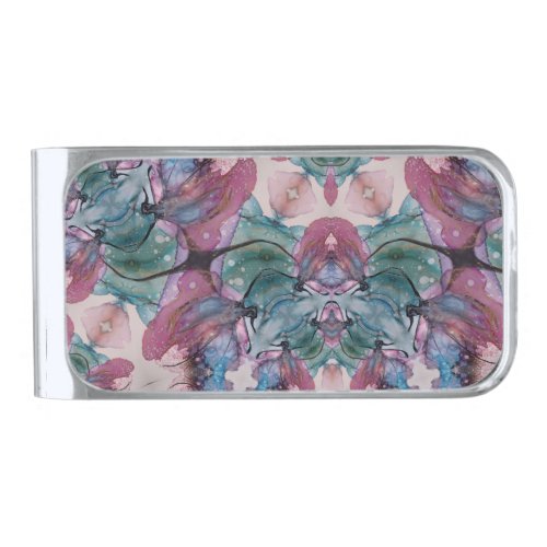 colorful abstract Floral painted pink green Silver Finish Money Clip