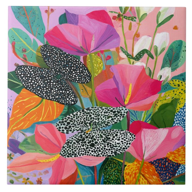 Colorful Abstract Floral Pattern Ceramic Tile (Front)