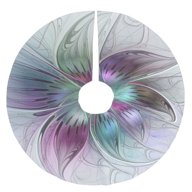 Colorful Abstract Flower Modern Floral Fractal Art Brushed Polyester Tree Skirt (Front)
