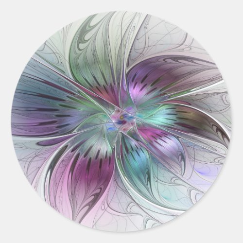 Colorful Abstract Flower Modern Floral Fractal Art Classic Round Sticker