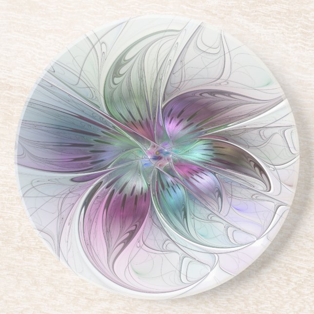 Colorful Abstract Flower Modern Floral Fractal Art Coaster (Front)