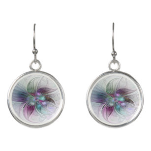 Colorful Abstract Flower Modern Floral Fractal Art Earrings