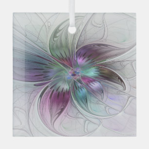 Colorful Abstract Flower Modern Floral Fractal Art Glass Ornament