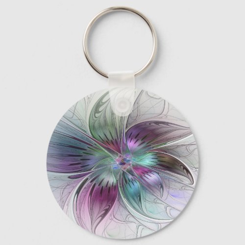 Colorful Abstract Flower Modern Floral Fractal Art Keychain