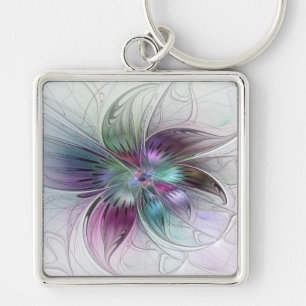 Colorful Abstract Flower Modern Floral Fractal Art Keychain