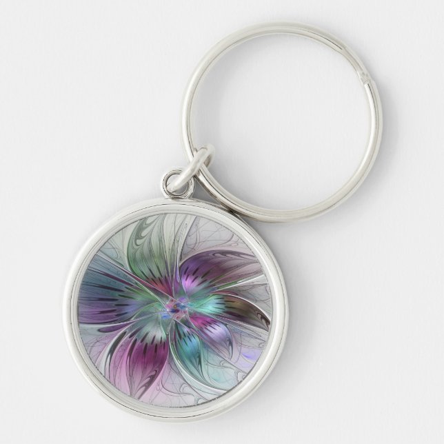 Colorful Abstract Flower Modern Floral Fractal Art Keychain (Front)