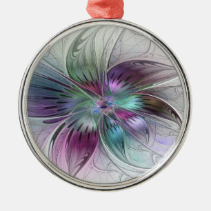 Colorful Abstract Flower Modern Floral Fractal Art Metal Ornament