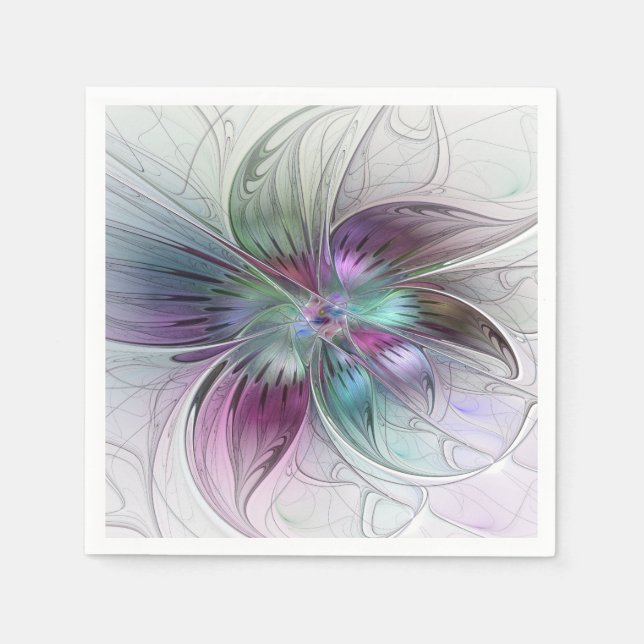 Colorful Abstract Flower Modern Floral Fractal Art Napkins (Front)