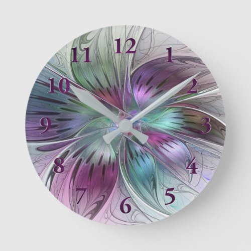 Colorful Abstract Flower Modern Floral Fractal Art Round Clock