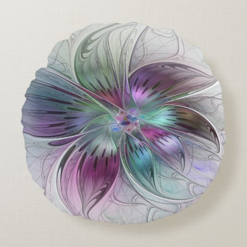 Colorful Abstract Flower Modern Floral Fractal Art Round Pillow