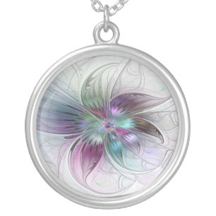 Colorful Abstract Flower Modern Floral Fractal Art Silver Plated Necklace