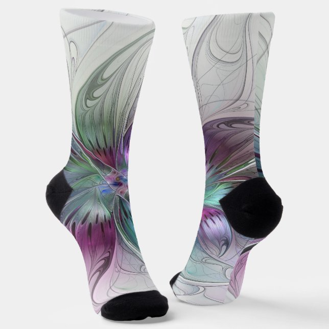 Colorful Abstract Flower Modern Floral Fractal Art Socks (Angled)